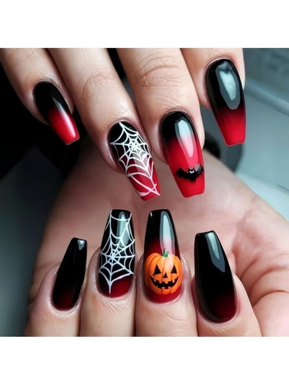 2/$10 Halloween Ombre Black to Red Coffin Nails Spiderweb & Pumpkin False Nails